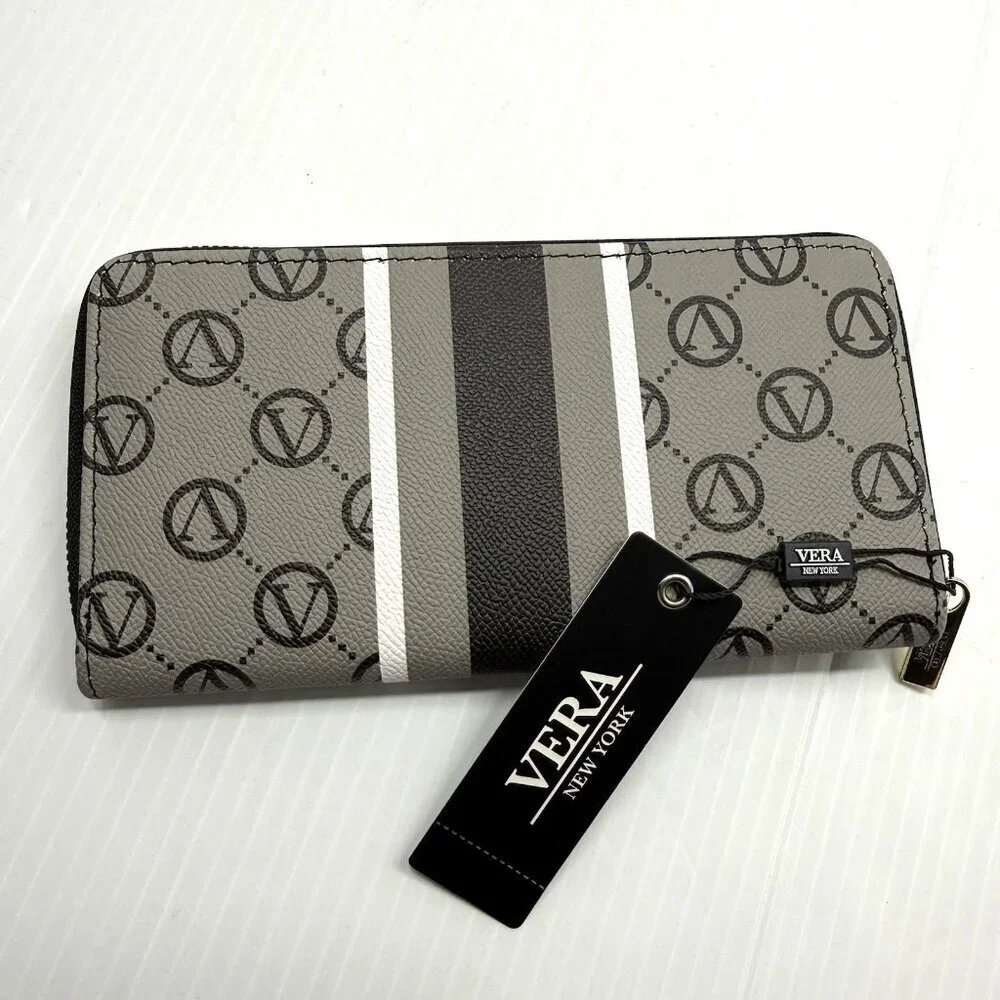 Vera New York Signature Zip Around Wallet Black Logo Stripe NWT